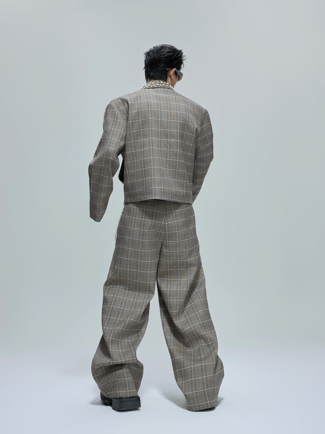 Pearl Embellished Plaid Jacket and Pants (Sold Separately)
