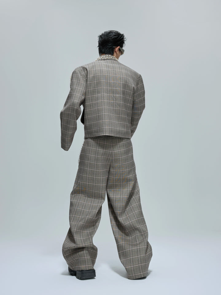 Pearl Embellished Plaid Jacket and Pants (Sold Separately)