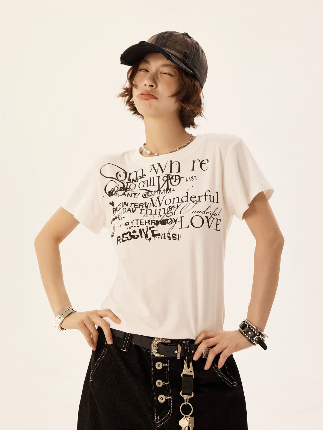 T-shirt décontracté à imprimé lettres à manches courtes 