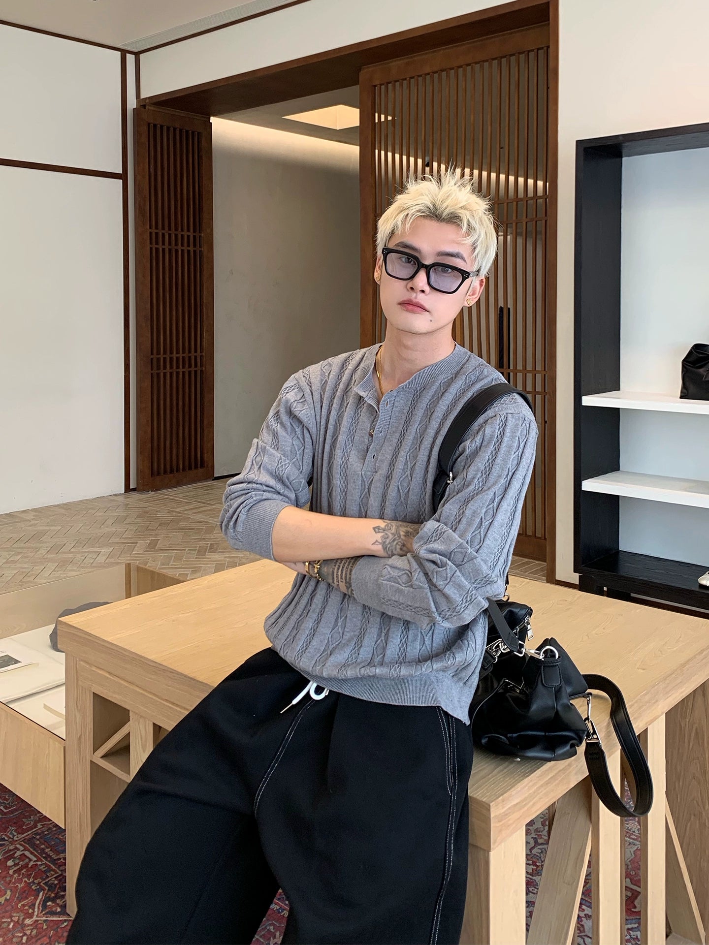 Henley Collar Cable Knit Sweater