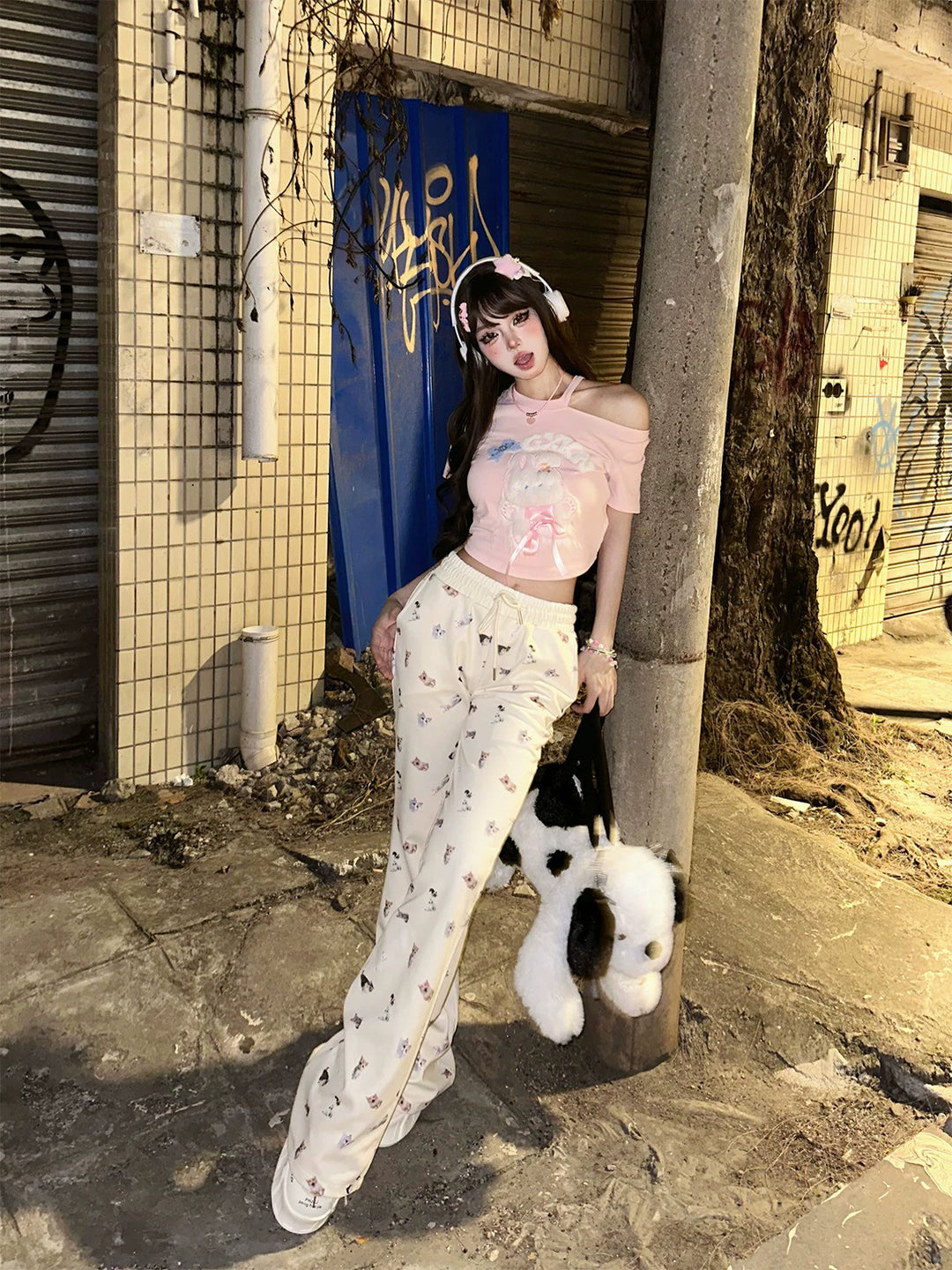 Cat Print Elastic Waist Flared Pants