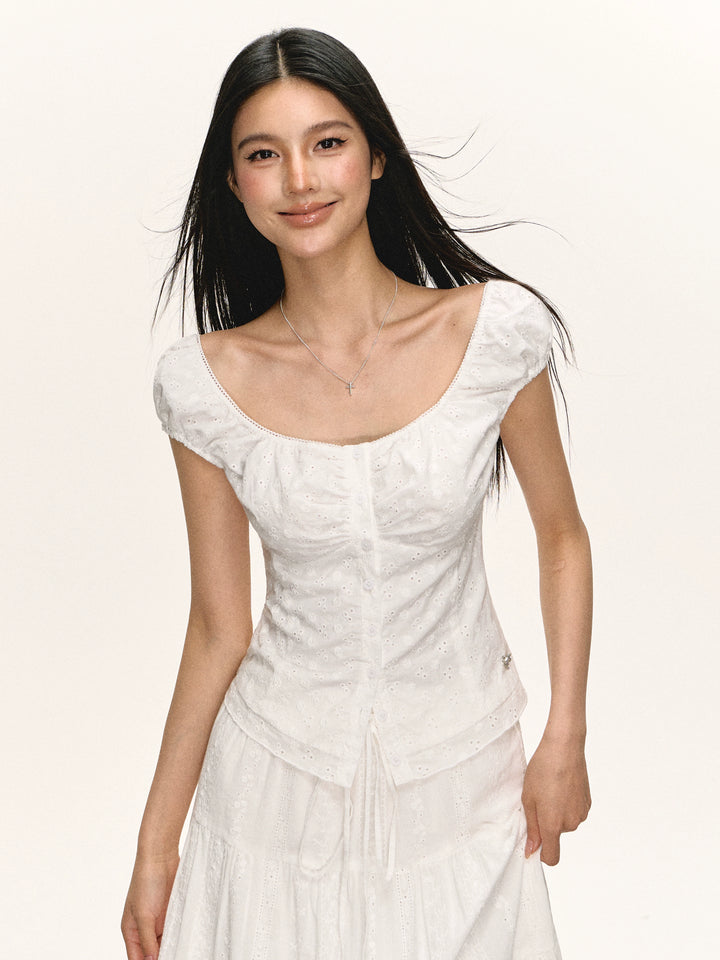 Eyelet Button-Front Short Sleeve Blouse