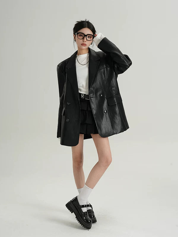 Orta Boy Sahte Deri Blazer Ceket 