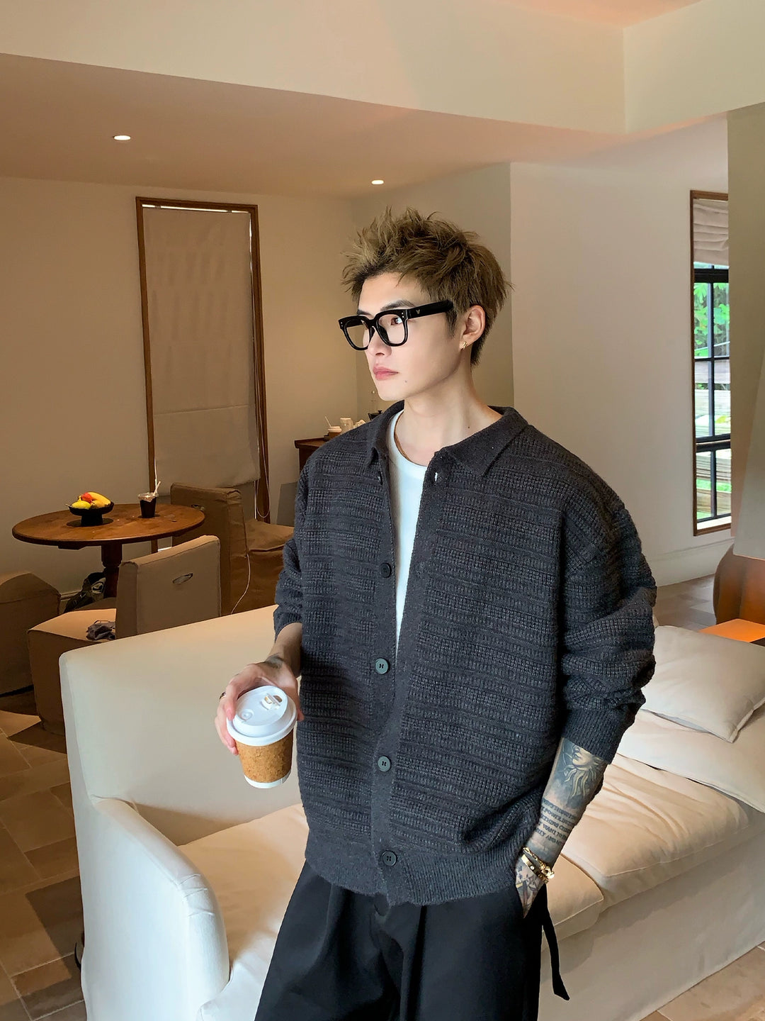 Revers Strickknopf-Cardigan Pullover 