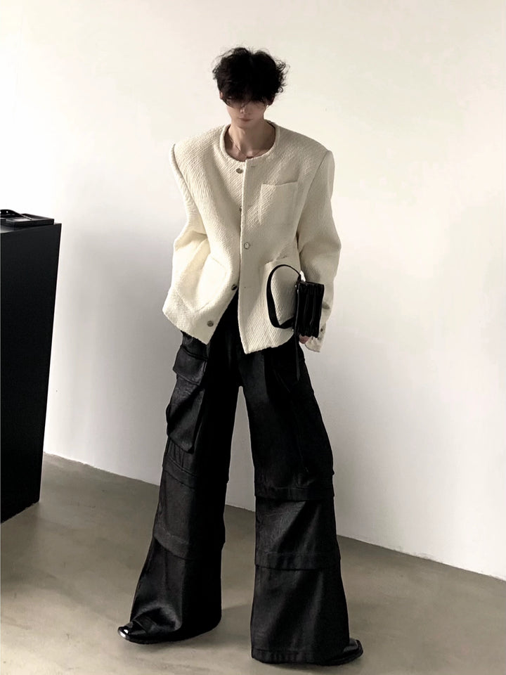 ショルダーパッド付きノーカラーウールジャケット 