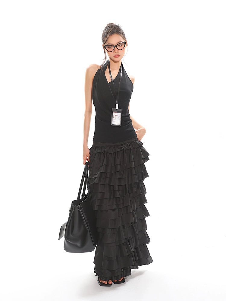 Halter V-Neck Top and Ruffle Skirt