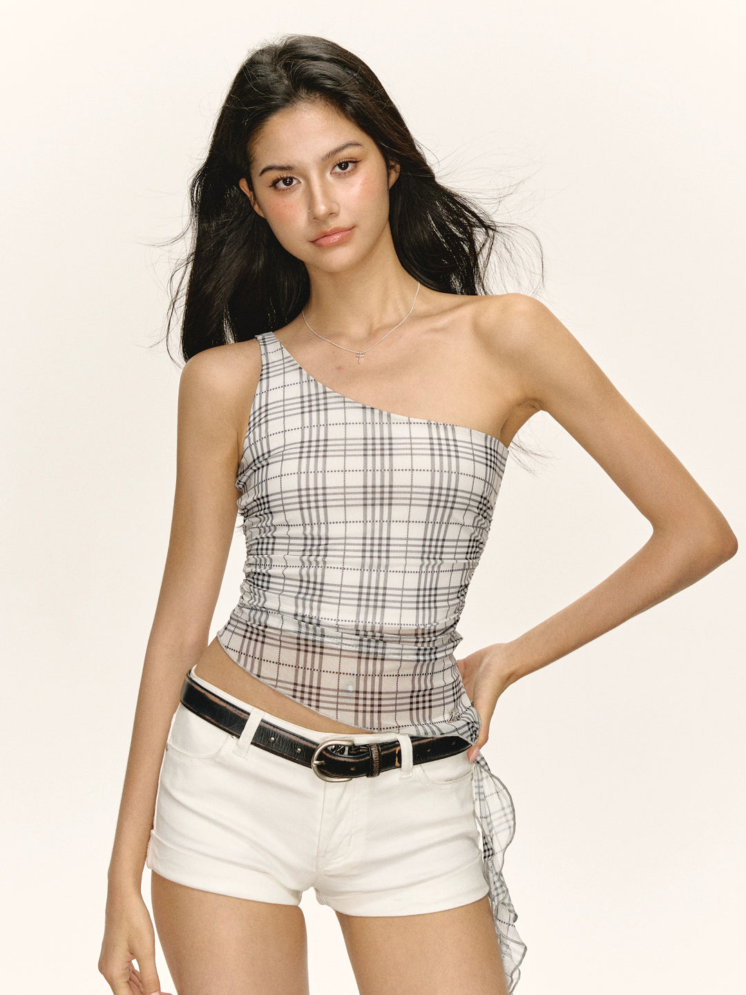 Plaid One Shoulder Fitted Tank Top