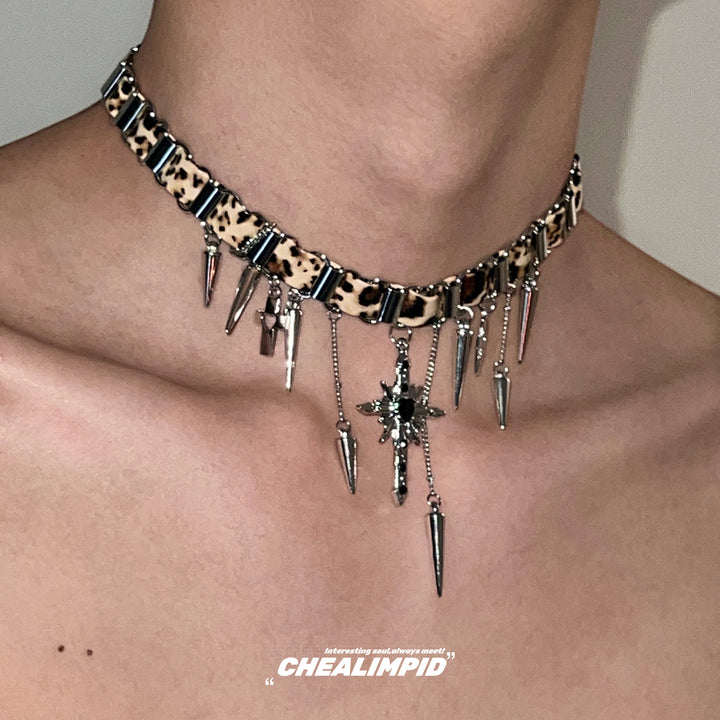 Leopard Print Rivet Cross Choker