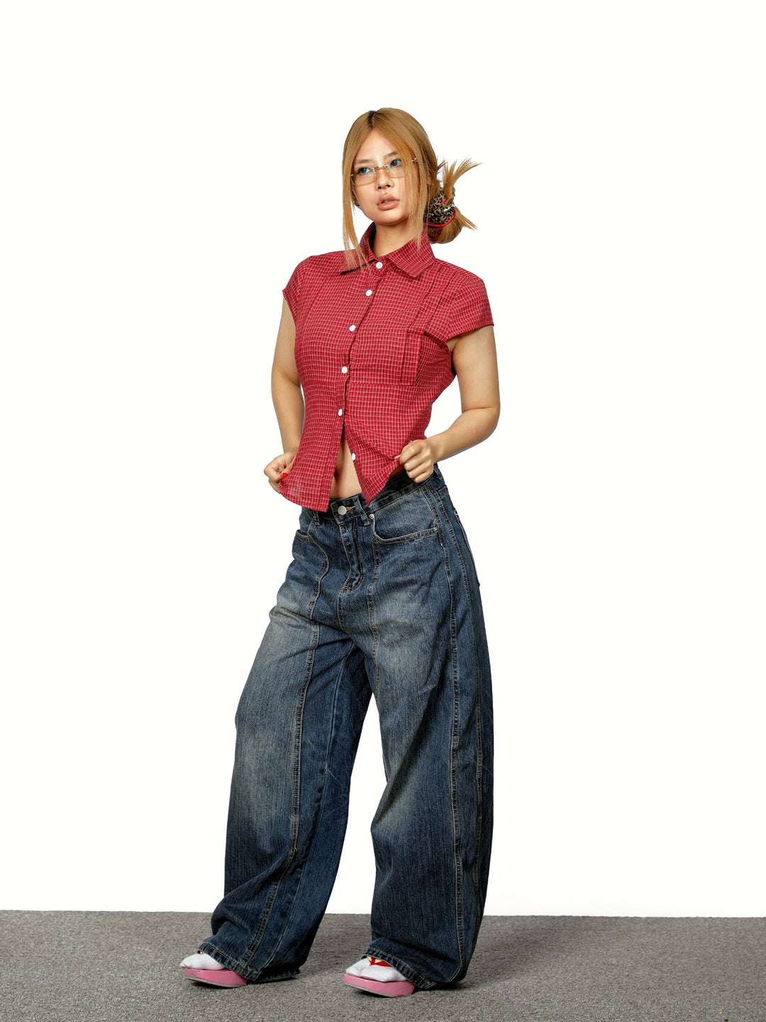 Chemise à manches courtes en carreaux avec boutons, crop 