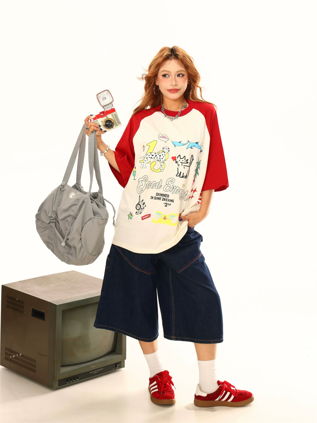 Cartoon Print Contrast Sleeve T-Shirt