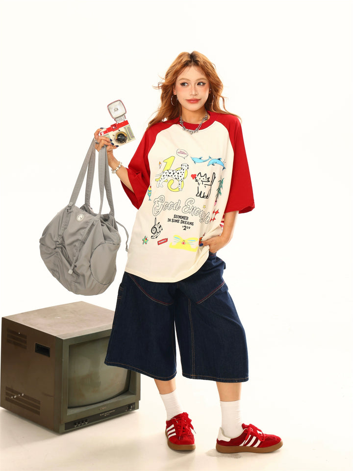 Cartoon Print Contrast Sleeve T-Shirt