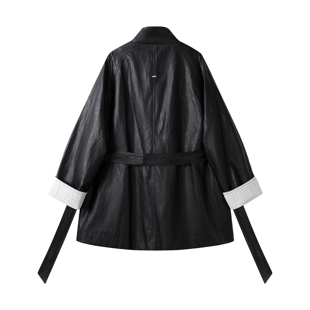 Double-Breasted Mid-Length Leather Jacket