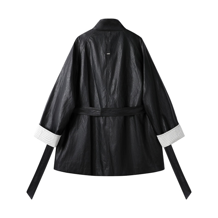 Double-Breasted Mid-Length Leather Jacket