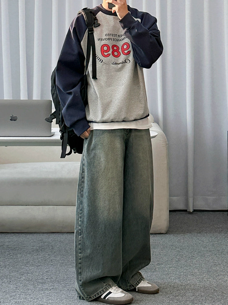 Washed Wide-Leg Straight Jeans