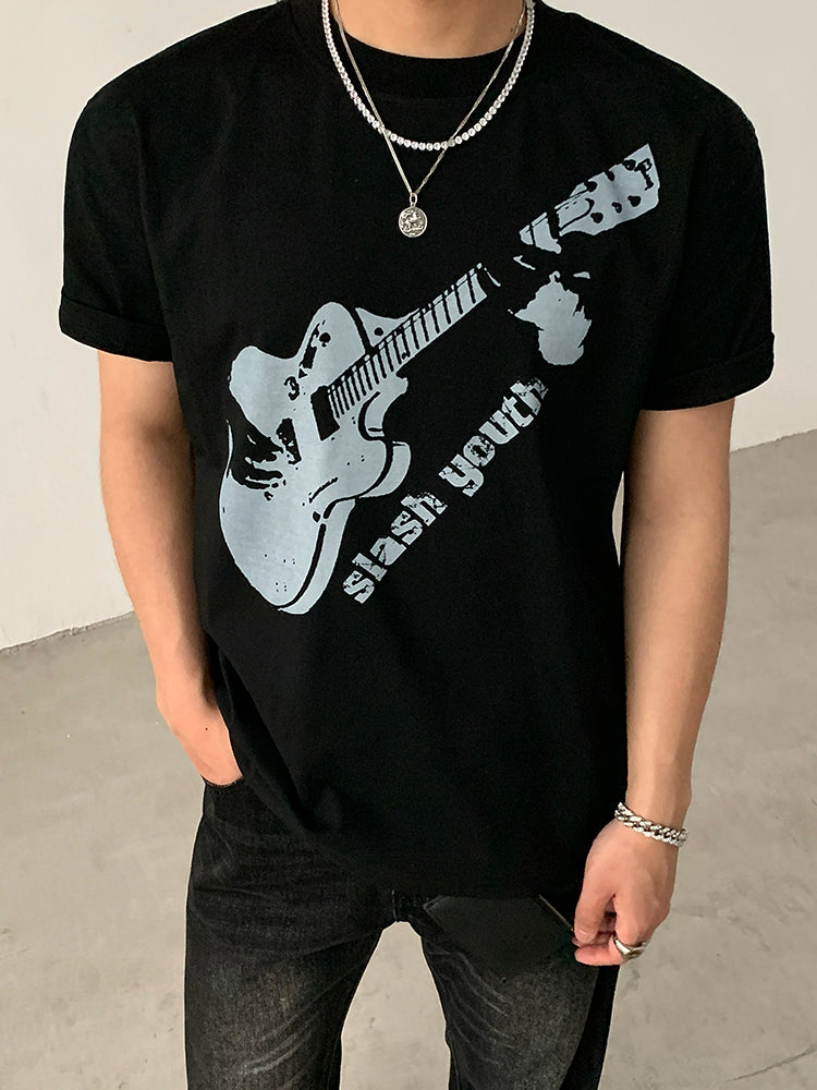 Guitar Print Casual Round Neck T-shirt