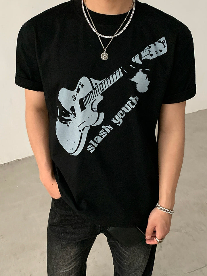 Guitar Print Casual Round Neck T-shirt