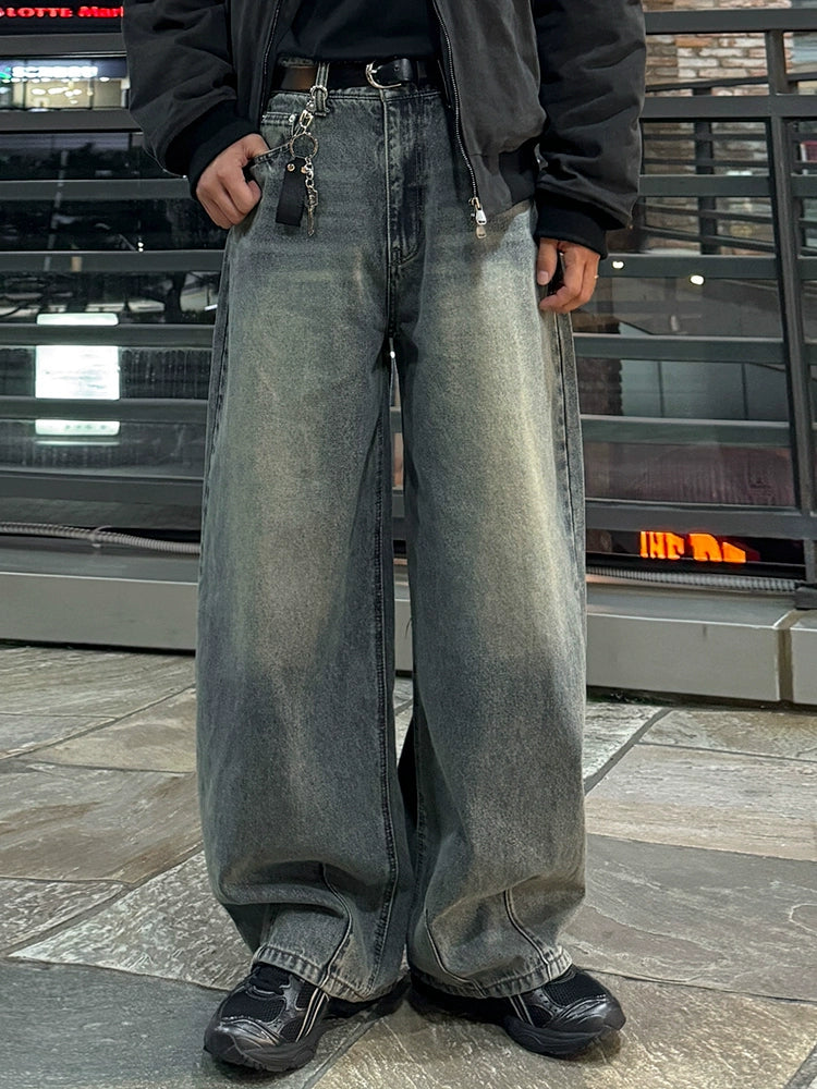 Washed Wide-Leg Straight Jeans