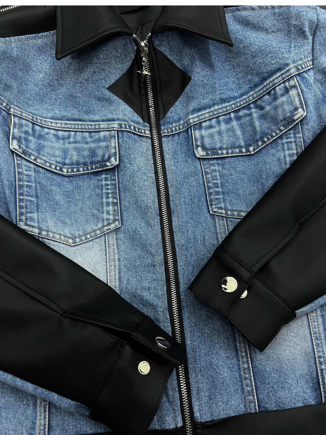 Leather Denim Contrast Short Jacket