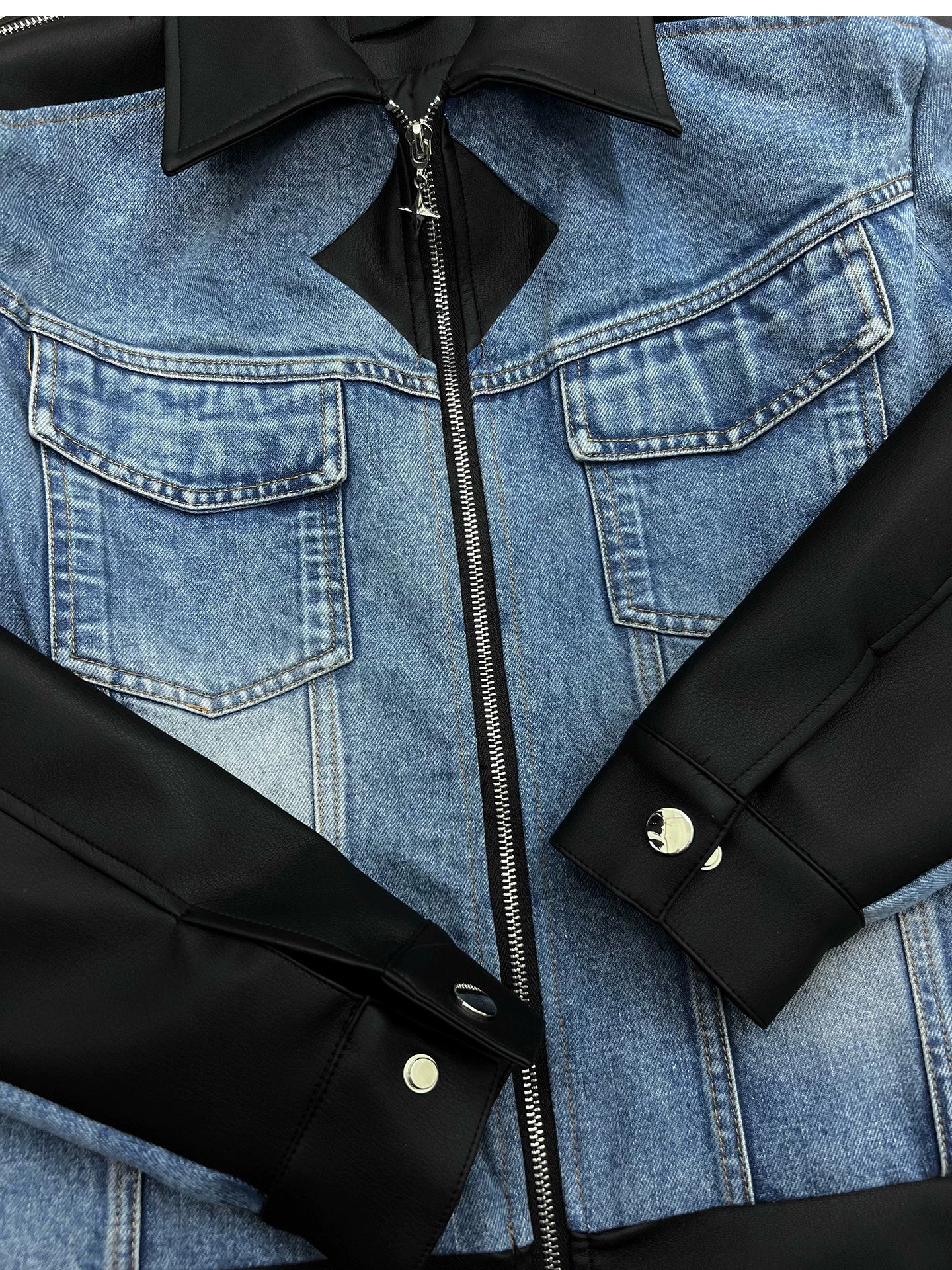 Deri Denim Kontrast Kısa Ceket 