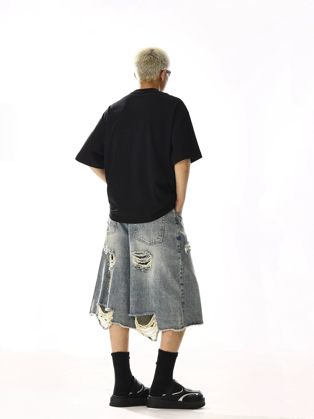 Distressed Wide-Leg Cropped Denim Shorts