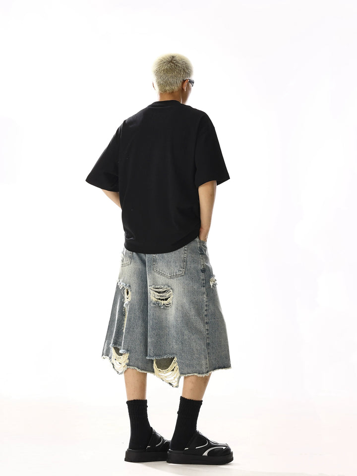 Distressed Wide-Leg Cropped Denim Shorts