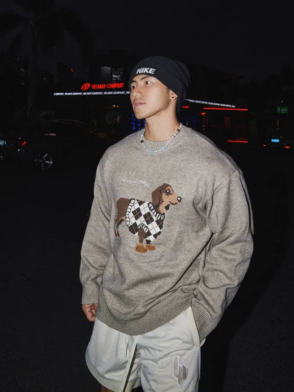 Pull en tricot avec un teckel cartoon 