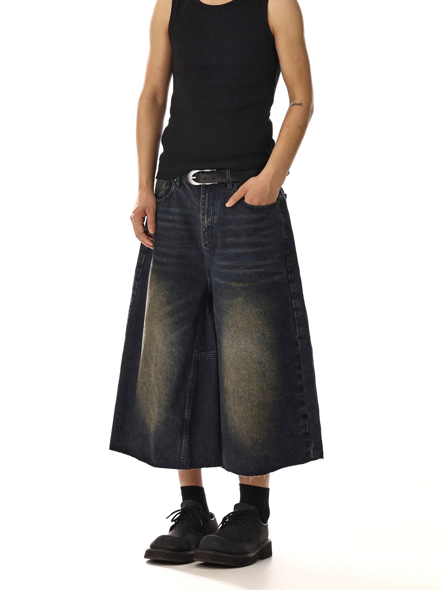 ワイドレッグカジュアルデニム七分丈パンツ 