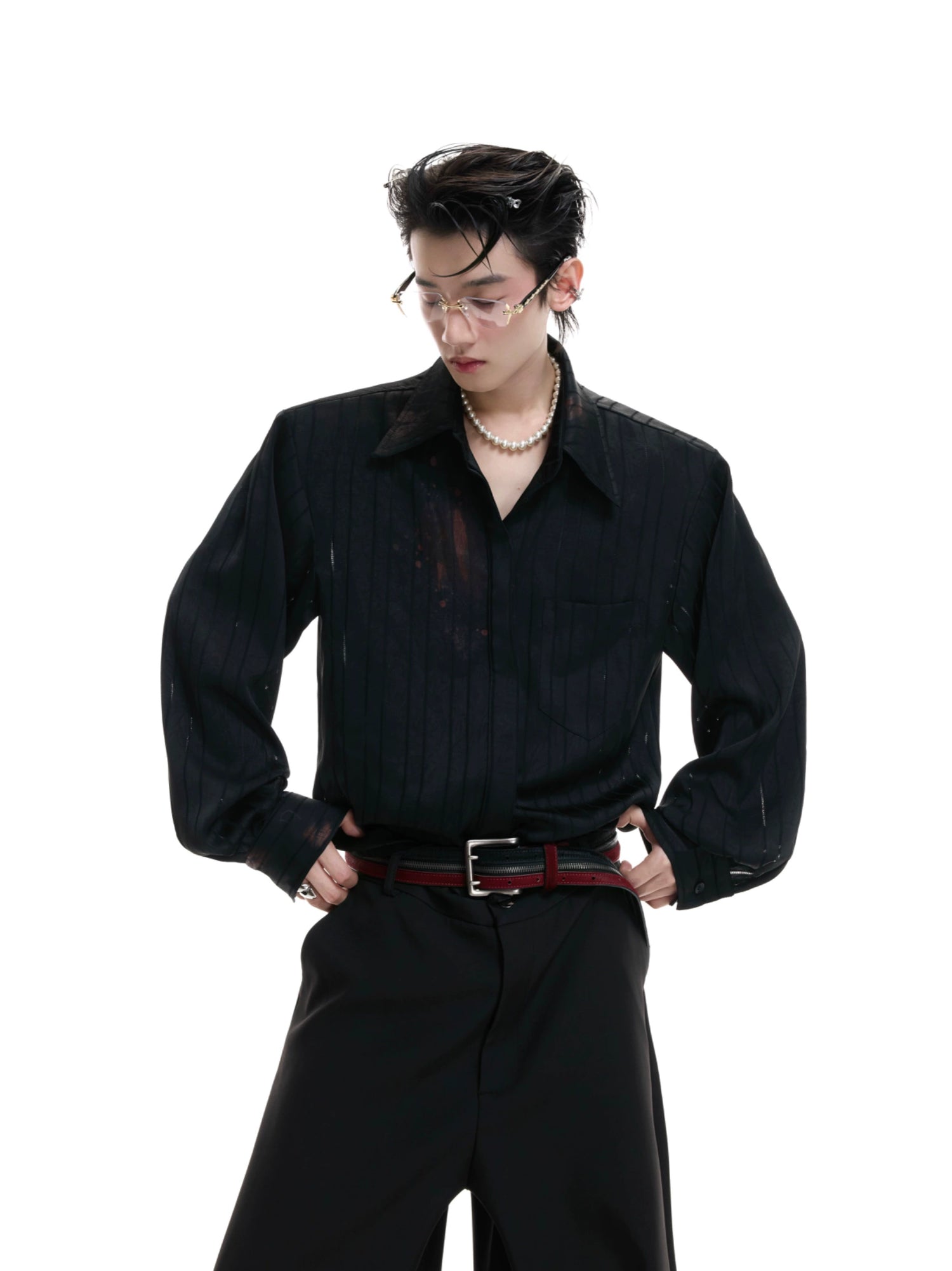 Striped Satin Lip Print Button-Up Shirt