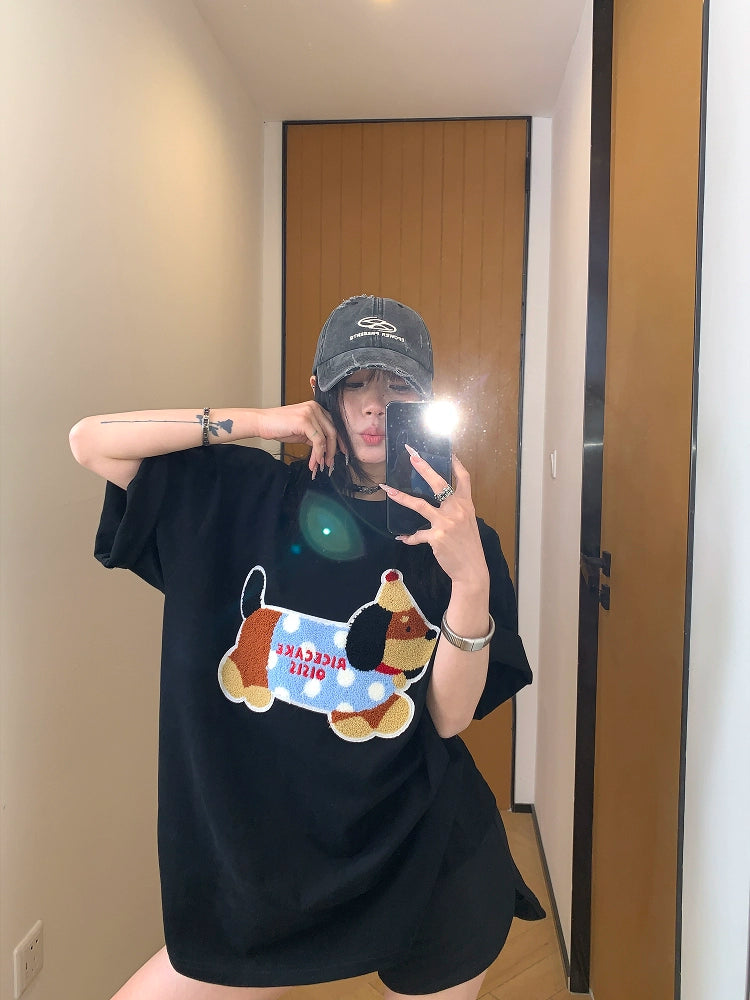 Cartoon Dog Embroidered Loose T-shirt