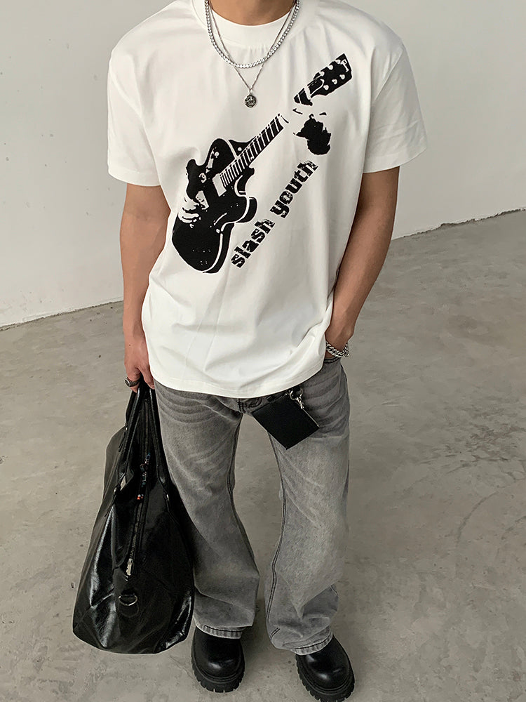 Guitar Print Casual Round Neck T-shirt