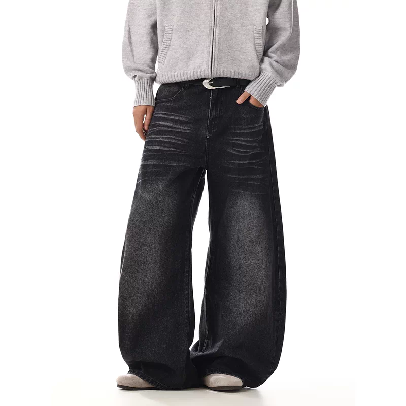 고통받는 와이드 레그 레트로 워시드 진 