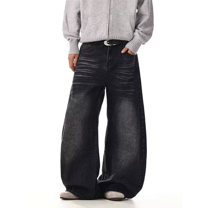 고통받는 와이드 레그 레트로 워시드 진 