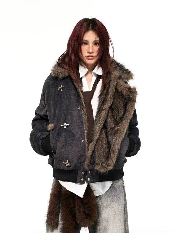 Jaqueta de Algodão com Revestimento de Pele Sintética de Inverno 