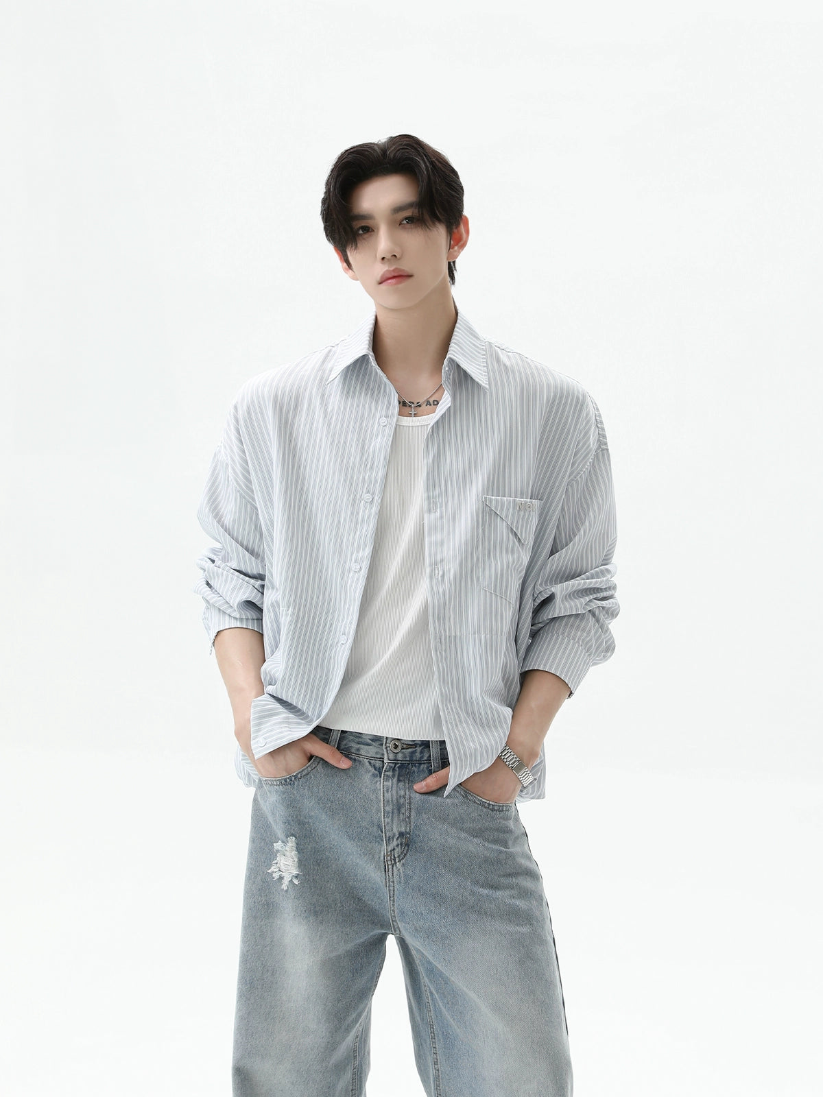 Striped Lapel Long-Sleeve Shirt