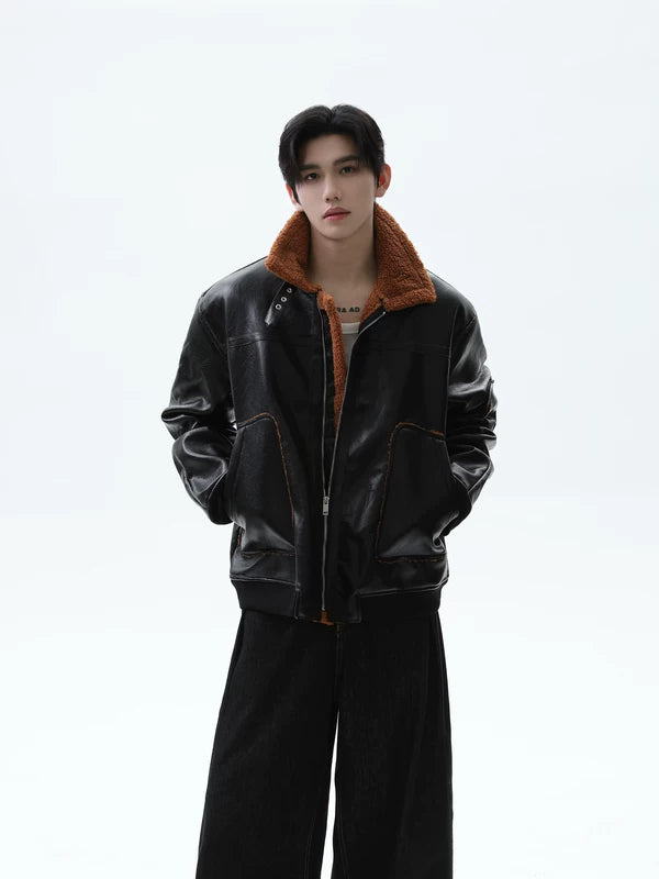 Veste en cuir PU avec col en polaire rétro 