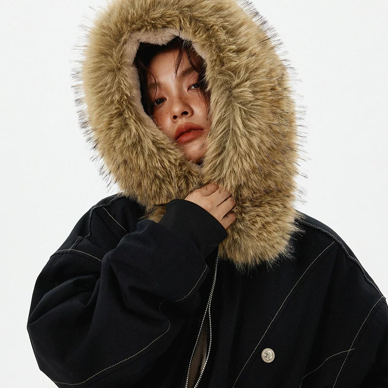 Faux päls huva fleece-fodrad parka jacka 