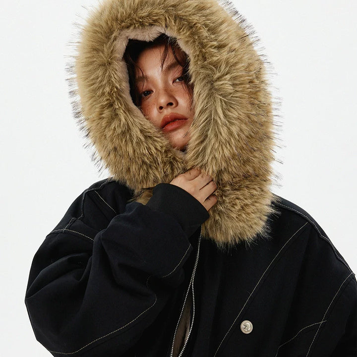 Faux päls huva fleece-fodrad parka jacka 