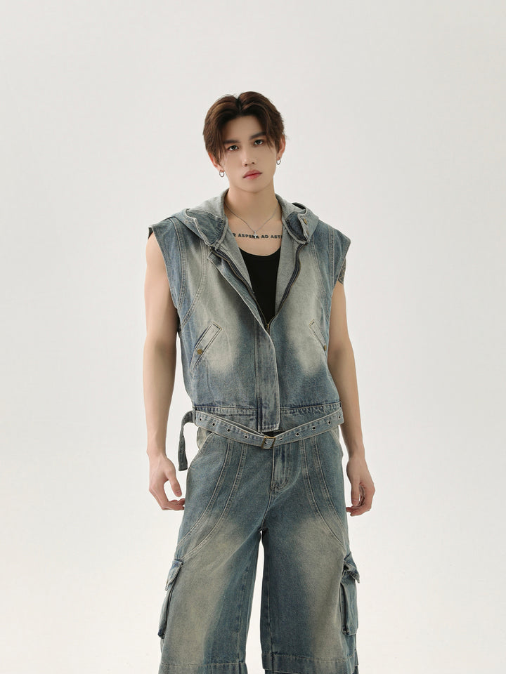Denim Sleeveless Vest Suit