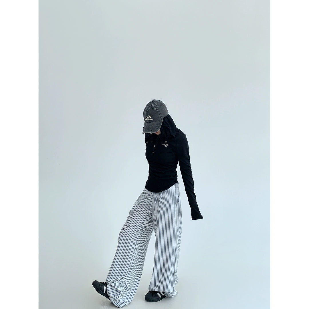 Vertical Striped Wide Leg Casual Pants