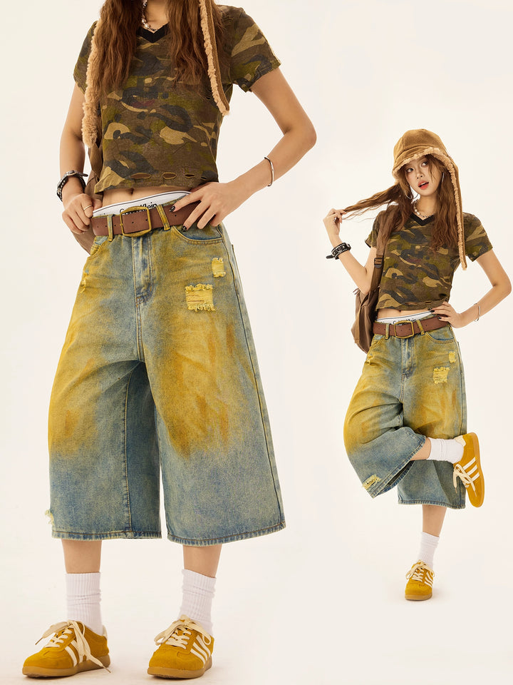 Baggy Wide-Leg Cropped Denim Pants