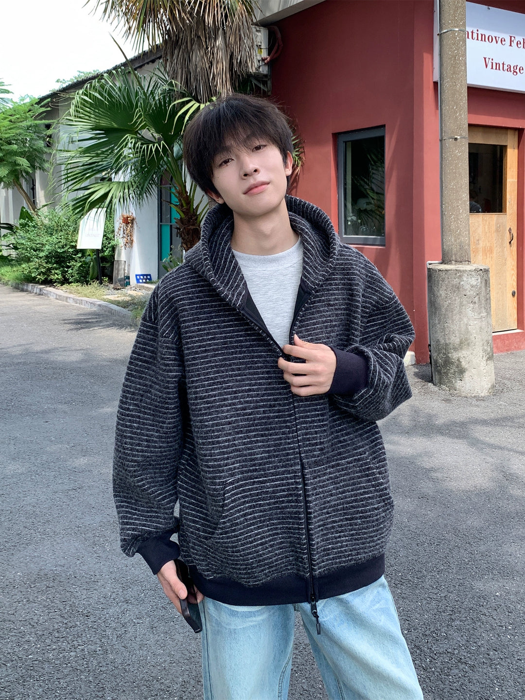 Striped Hooded Zipper Cardigan