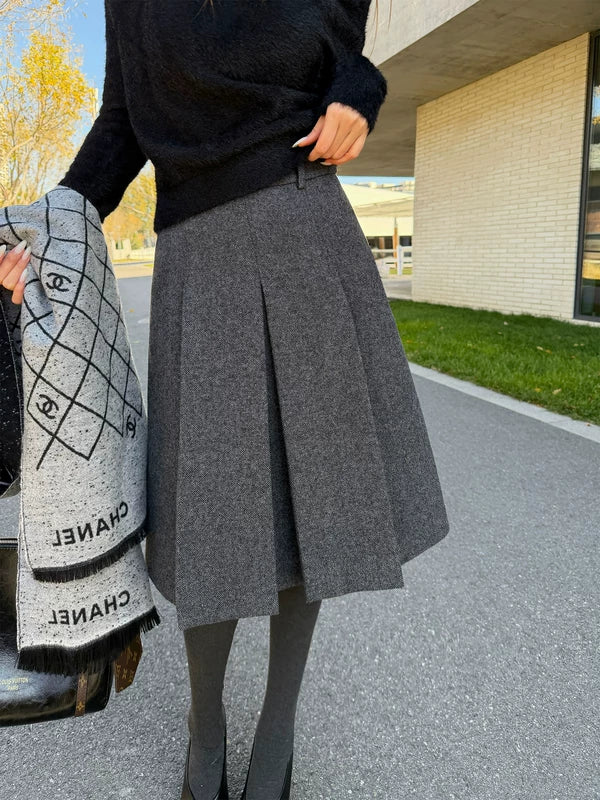 Midi Wool Pleated A-Line Skirt