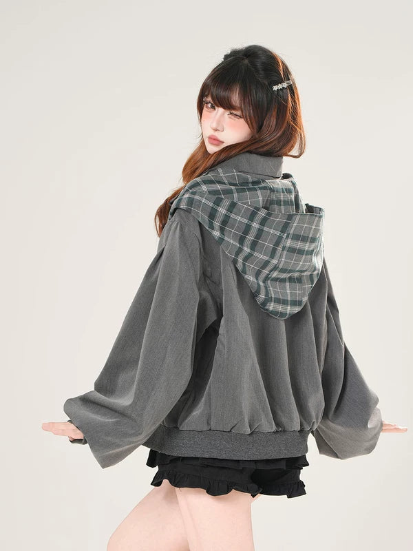 Veste de travail à carreaux avec capuche de style coréen 