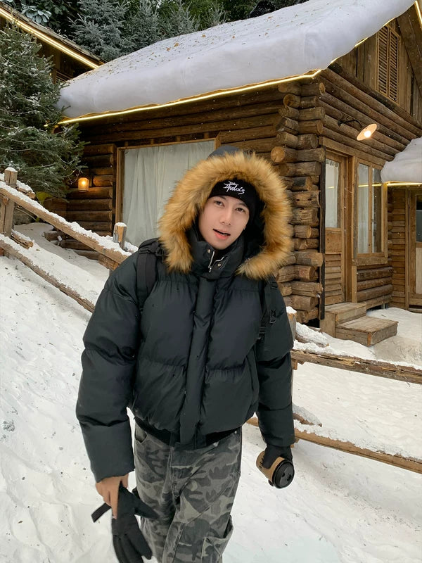 Veste matelassée à capuche streetwear avec fourrure amovible 