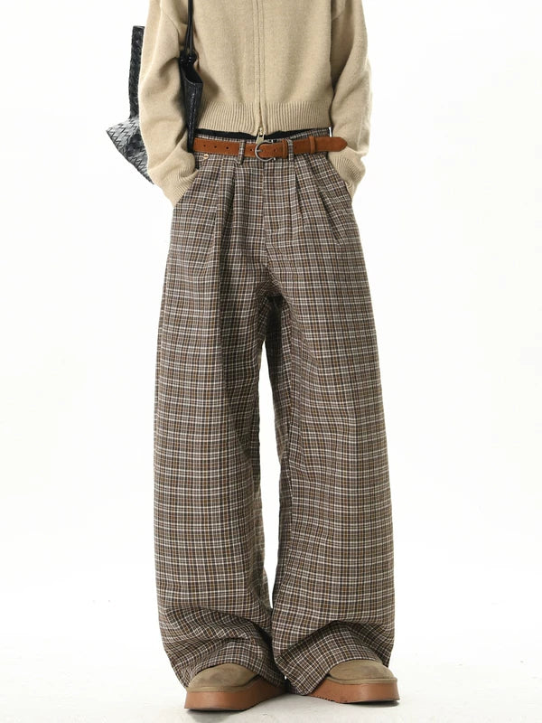 チェック柄ワイドレッグストレートドレスパンツ 