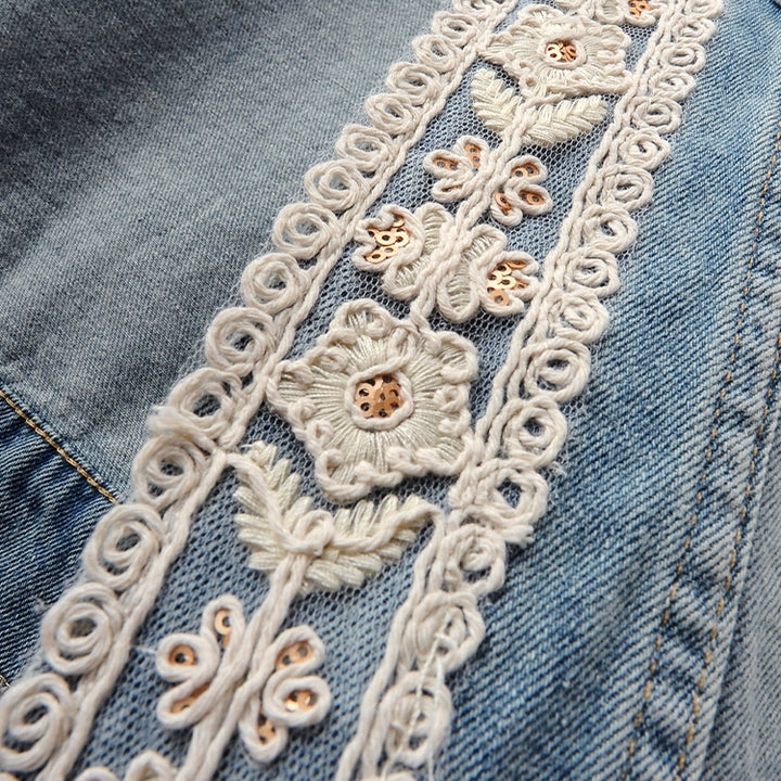 Crochet Lace Denim Sleeveless Vest Jacket