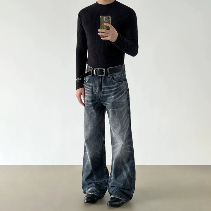 جينز بانتس مستقيم الساق مع حافة مضطربة 