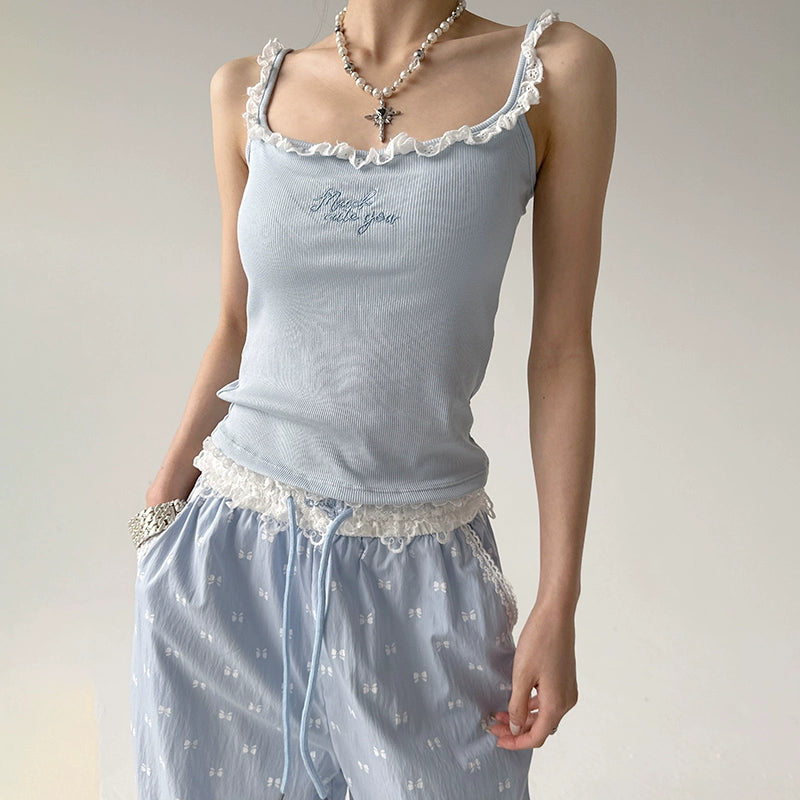 Lace Trim Ribbed Camisole with Chest Pad