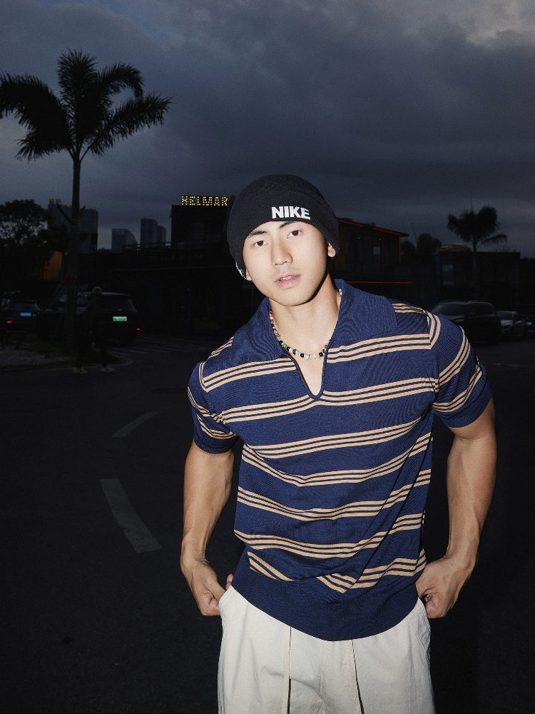 V-neck Striped Knit Polo Shirt