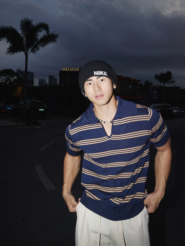 V-neck Striped Knit Polo Shirt